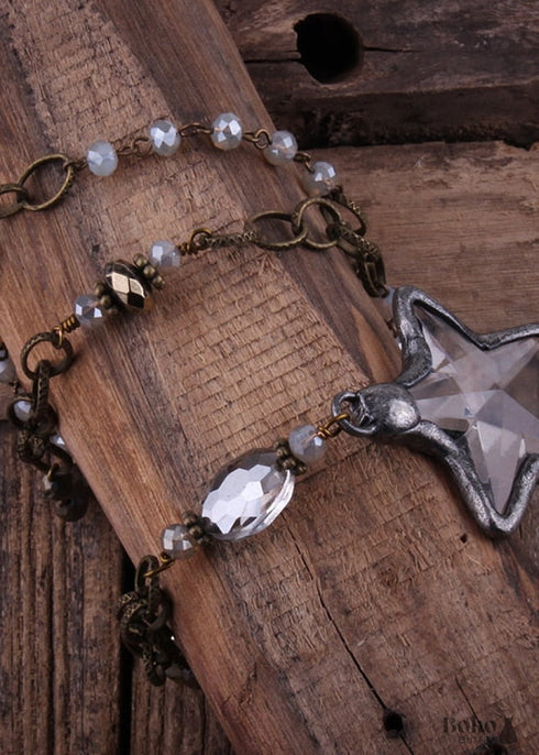 Boho Necklace, RH Antique Brass Silver Stone Glass